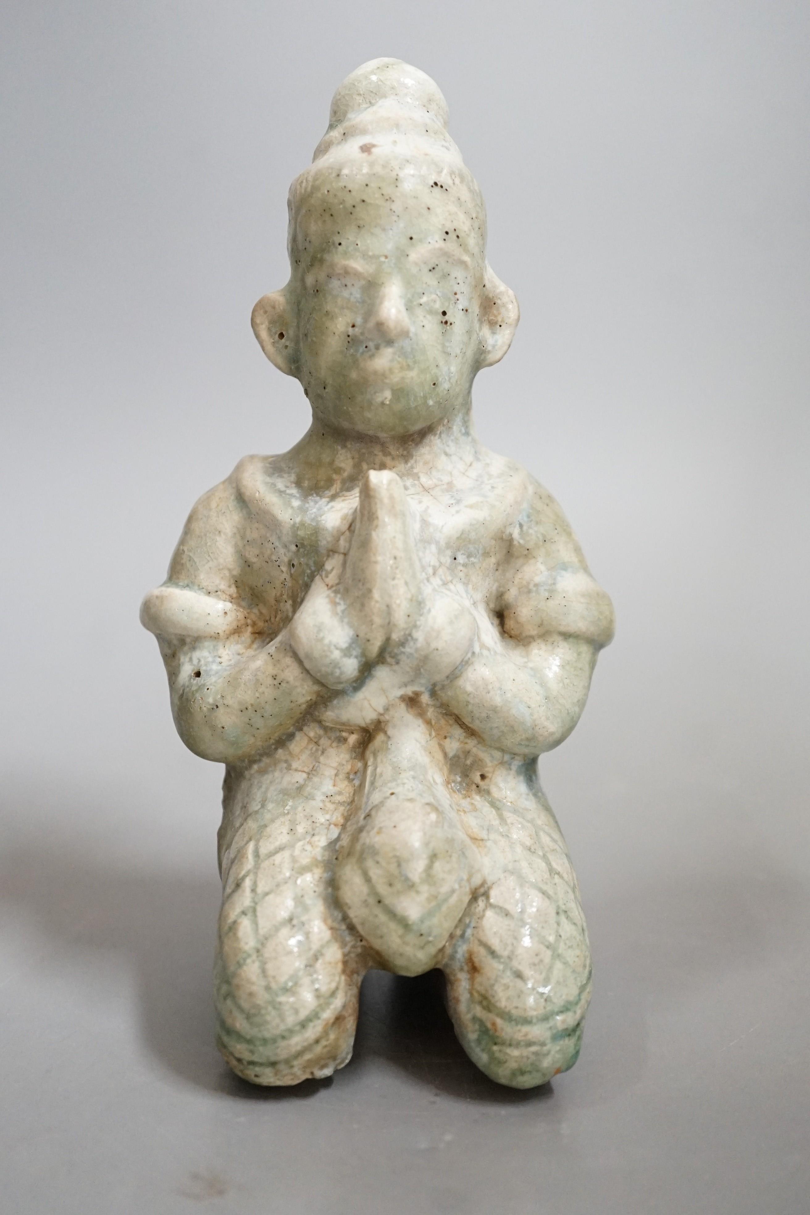 A Thai celadon Buddhist figure, Si Satchanalai, c.1450-1599, 18cms high